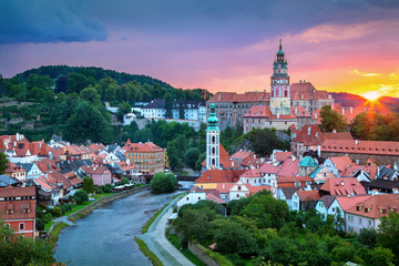 Cesky Krumlov. Aerial cityscape image of Cesky Krumlov, Czech Republic during summer sunset.