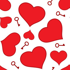 Seamless pattern of red hearts and keys on white background for valentine card design..
