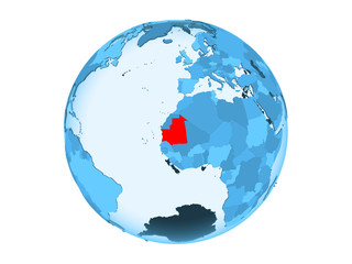 Mauritania on blue globe isolated