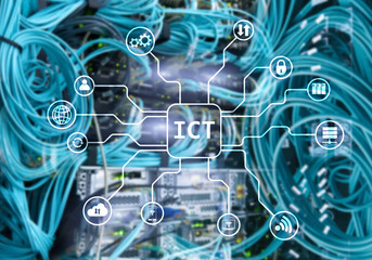 ICT - information and communications technology concept on server room background.