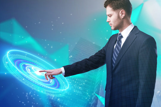 businessman and digital technology button