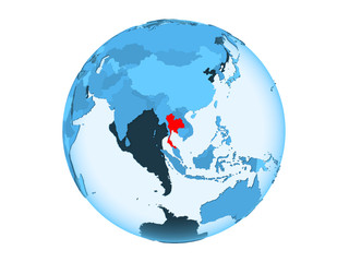 Thailand on blue globe isolated