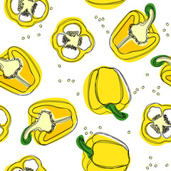 Yellow pepper. Hand drawn seamless pattern with paprika.