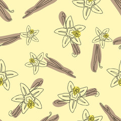 Vanilla stick and flower hand drawn seamless pattern. Flavor vanilla blossom illustration