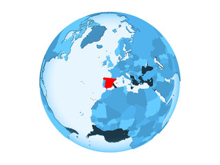 Spain on blue globe isolated
