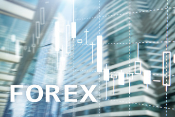 Forex trading, financial candle chart and graphs on blurred business center background.