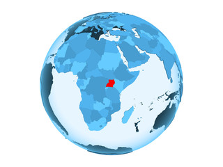 Uganda on blue globe isolated