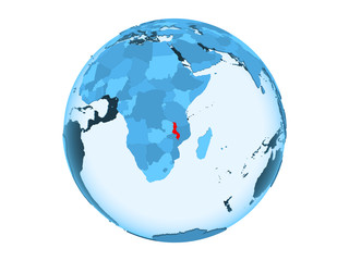 Malawi on blue globe isolated