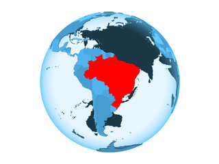 Fototapeta na wymiar Brazil on blue globe isolated