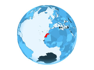 Western Sahara on blue globe isolated