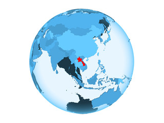 Laos on blue globe isolated