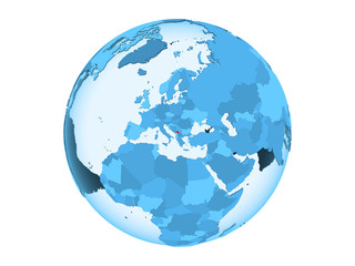 Kosovo on blue globe isolated