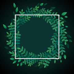 Vector banner template with white square and wreath with green leaves on a dark background. Eco design.