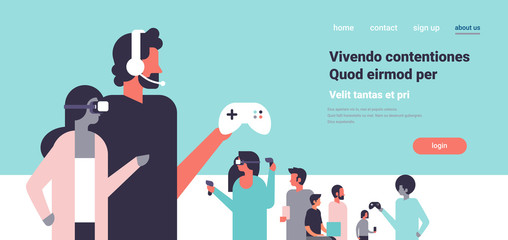 people in vr glasses playing controller gamepad couple in virtual reality headphones team flat copy space horizontal vector illustration