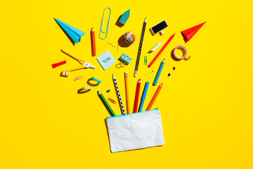 School supplies and pencil case. Back to school concept.