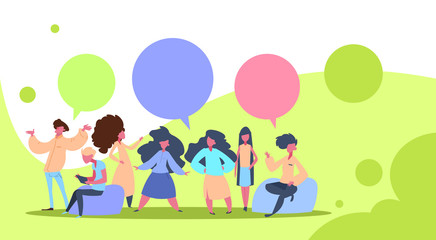 Fototapeta premium people chat bubbles creative green background flat colorful balloons full length horizontal vector illustration