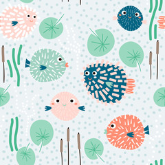 Seamless childish pattern with funny fish hedgehogs.Creative under sea summer texture for fabric, wrapping, textile, wallpaper, apparel. Vector illustration