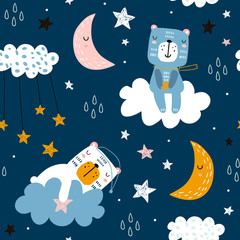 Fototapeta na wymiar Seamless childish pattern with cute bears on clouds, moon, stars. Creative scandinavian style kids texture for fabric, wrapping, textile, wallpaper, apparel. Vector illustration