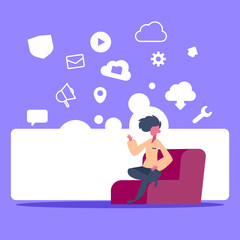 man sitting online data cloud synchronization icons social network icon flat vector illustration