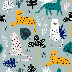 Seamless pattern with leopards, palm branch and tropical background. Creative jungle childish texture. Great for fabric, textile Vector Illustration