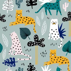 Photo sur Plexiglas Jungle  chambre des enfants Modèle sans couture avec léopards, branche de palmier et fond tropical. Texture enfantine jungle créative. Idéal pour le tissu, le textile Illustration vectorielle