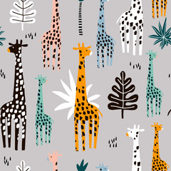 Seamless pattern with giraffe, palm branch and tropical background. Creative jungle childish texture. Great for fabric, textile Vector Illustration © solodkayamari
