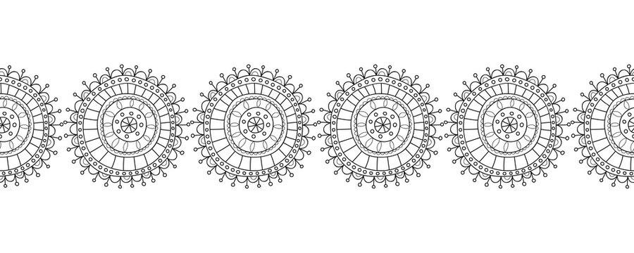 Black and white illustration for coloring books. Decorative, abstract circles with patterns. Doodle