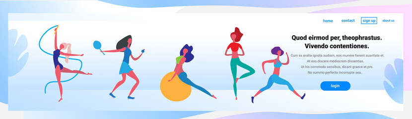 man woman doing diversity exercises cartoon character sport activities isolated healthy lifestyle concept full length banner copy space flat vector illustration