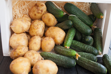 Fresh vegetables on dark wood background. Vegetables from market. Bio Healthy food, herbs and spices. Organic vegetables on wood.