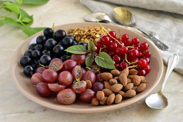 Homemade granola with berries and almonds for healthy breakfast