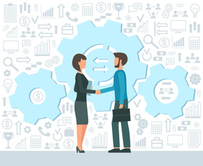 Business concept. Partnership. Handshake men and women. Flat design. Vector illustration.