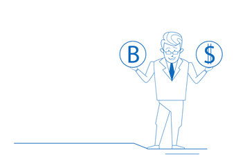 Confused businessman hold bitcoin dollar coins thinking choose making decision difficult choice sketch doodle horizontal full length vector illustration