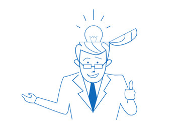 open head businessman thinking business ideas inspiration new idea light lamp concept brainstorming process horizontal portrait sketch doodle vector illustration