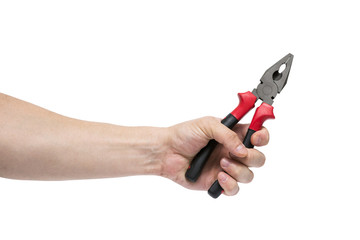Fototapeta premium Male hand hold a black and red pliers isolated on white background