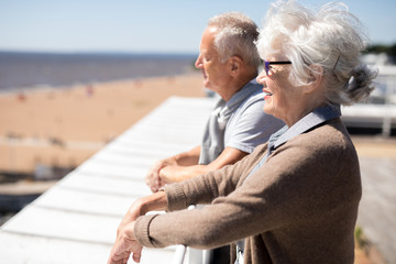 Grey-haired seniors standing by railings and looking at seaside at summer resort