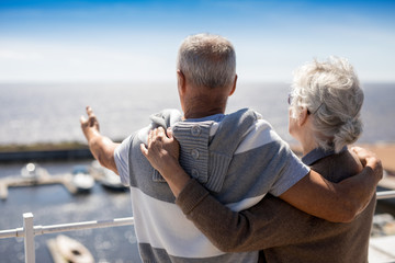 Senior man pointing at beach while embracing his wife by seaside - obrazy, fototapety, plakaty