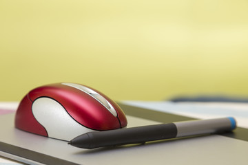 mouse, graphic tablet and pencil