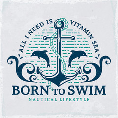 Naklejka premium Sea emblem with anchor and dolphins. Vector illustration.
