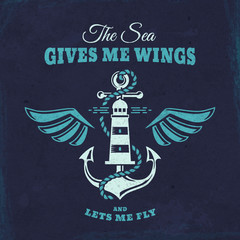 Vector emblem with anchor and lighthouse. Nautical illustration. © RainLedy