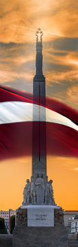 Collage of monument of freedom in Riga and flag of Latvia. Image symbolizing Latvian State Independence  and sovereignty