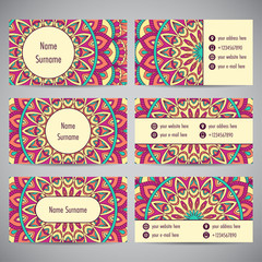 Set of business cards with floral mandala ornaments. Vector illustration