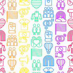 LGBT seamless pattern with thin line icons: gay, lesbian, rainbow, coming out, free love, flag, support, stop homophobia, LGBT rights, pride day. Modern vector illustration.