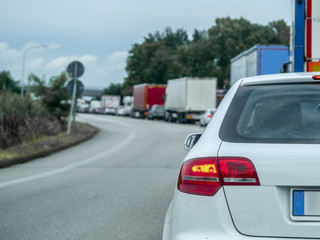 Rosalina, Italy - July, 11, 2018: traffic jam on a country road in Rosolina, Italy