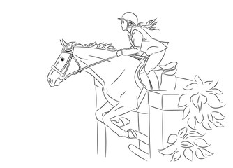 Horsewoman and a horse are jumping over an obstacle. Equestrian sport. Beautiful girl at show jumping competition, realistic black outline vector illustration, white background.