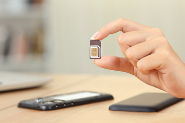 Woman hand holding sim card different sizes