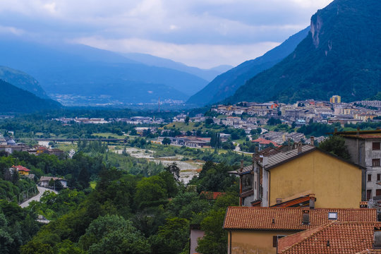 Longarone, Italy - July, 12, 2018: Alpine landscape with the image of Longarone, Italy