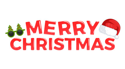 Merry christmas. Brilliant calligraphic font with light star and gradient. Santa Claus hat and funny glasses with new year tree
