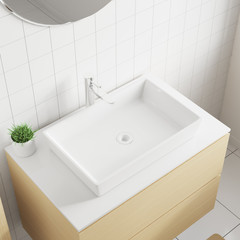 Close up of a white ceramic sink standing on a wooden shelf. Top view. 3d rendering