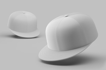 White empty snapback on a white background. Mock up. 3d rendering