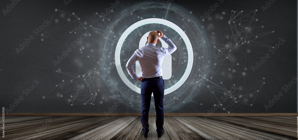 Poster man holding a shield web security concept 3d rendering